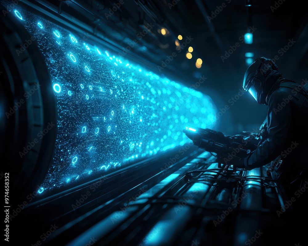 Poster Futuristic data center with a person analyzing glowing digital streams in a high-tech environment, surrounded by advanced technology.