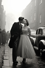 A romantic black-and-white vintage scene of a couple kissing in elegant wedding attire on a foggy street, evoking nostalgia with classic cars and bystanders watching.
