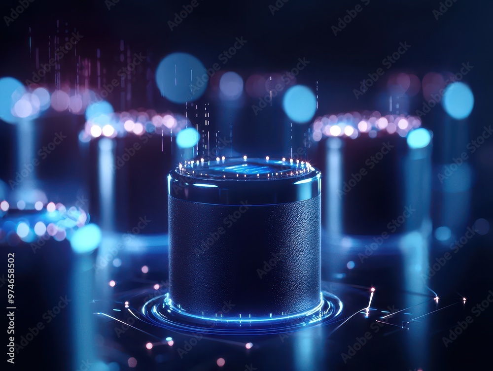 Poster Futuristic data storage concept with glowing holographic effects and abstract elements, depicting modern technology and innovation.
