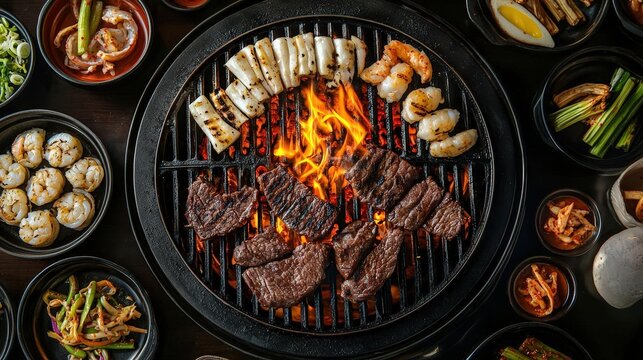 Overhead shot of a Korean BBQ table with beef