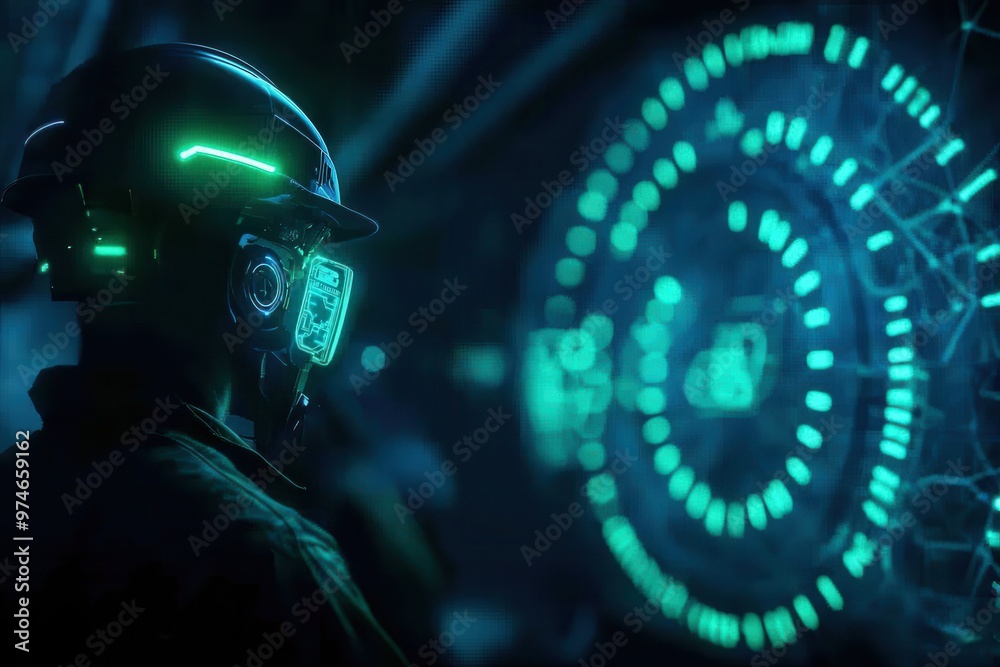 Poster futuristic holographic interface with a person wearing augmented reality glasses, exploring advanced