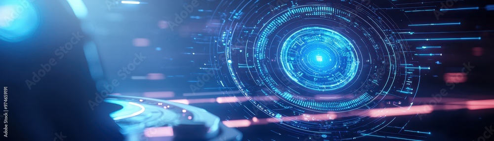 Fototapete futuristic holographic interface with abstract digital elements and blue tones. ideal for technology