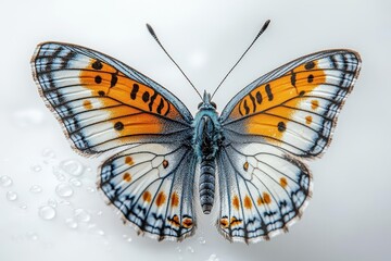 graceful blue and orange butterfly midflight against pure white macro photography captures intricate wing details and creates a sense of delicate motion