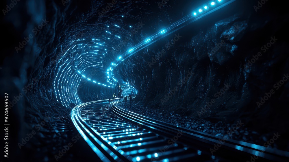 Poster futuristic underground tunnel with illuminated technology, blue lights, and tracks creating a sci-fi