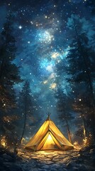 Serene Camping Scene Under a Starry Night Sky with a Glowing Tent
