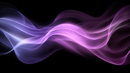 Elegant, flowing waves of purple and pink light create a mesmerizing abstract backdrop against a dark background.