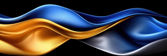 Elegant fabric waves in blue and gold create a stunning visual effect against a dark backdrop, symbolizing beauty and fluidity.