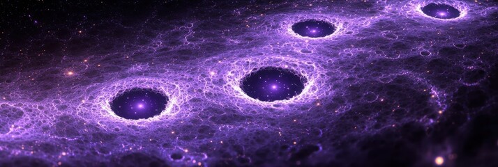 Stunning cosmic view featuring vibrant purple nebulae and celestial bodies, evoking the beauty of interstellar space.