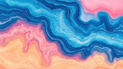 Vibrant abstract fluid art with swirling waves of blue, pink, and orange. Perfect for modern decor and design inspiration.