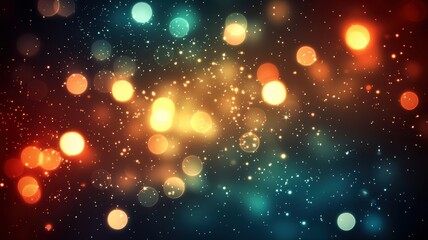 Vibrant bokeh lights in a rich blend of blue, orange, and gold colors, creating a dreamy and festive atmosphere.