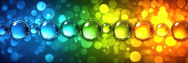 Vibrant colorful bubbles create a mesmerizing visual effect, blending shades of blue, green, and orange with a dreamy bokeh background.
