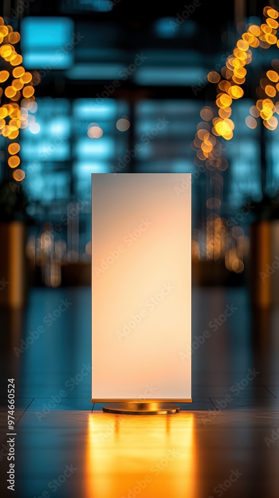 Poster Modern rectangular lamp illuminated with warm light against a bokeh background in a contemporary indoor setting.