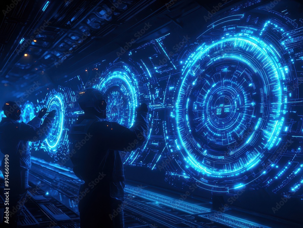 Aufkleber Technicians interacting with futuristic holographic displays in a high-tech digital environment, analyzing data and performing tasks.