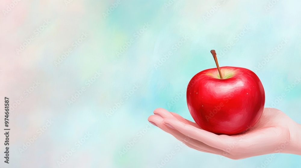 Poster A hand holding a red apple in front of blue and green background, AI