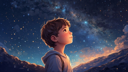 Illustration of a Boy Looking at Night