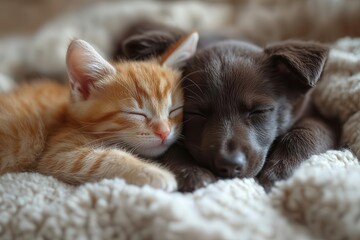 heartwarming scene of unlikely animal friendship between kitten and puppy cuddling in cozy home setting