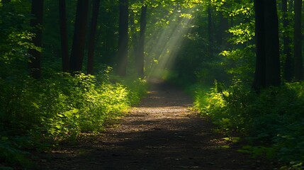 Obraz premium Tranquil Forest Pathway Bathed in Gentle Light Surrounded by Lush Greenery