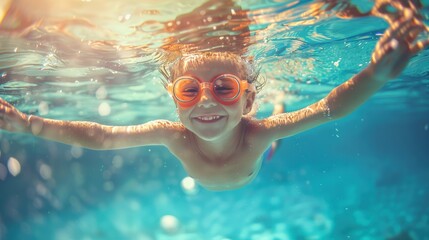 Naklejka premium Cute smiling child having fun swimming and diving in the pool at the resort on summer vacation. Sun shines under water and sparkling water reflection. Activities and sports to happy kid