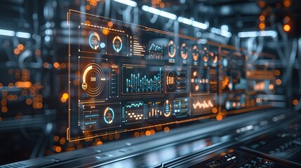 Obraz premium Technology industrial business process workflow organisation structure on virtual screen, IOT smart industry concept mixed media diagram, touch transparent screen
