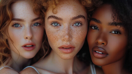 Fototapeta premium Three diverse young women showcasing natural beauty and distinct features in soft lighting