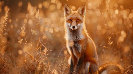 Elegant vulnerability  a glamorous fox in golden grasses captured in warm light and natural beauty