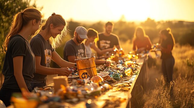 People collecting and sorting materials outdoors during sunset, promoting environmental awareness and community engagement.