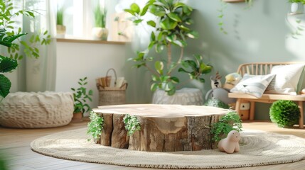 A magical forest-themed playroom with an empty, tree stump table, surrounded by soft green plants, ideal for a nature-inspired toy composite