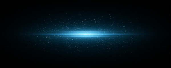 Abstract horizontal flash with sparks into dark space. Sparkling light effect on a dark transparent background. Vector illustration. EPS 10.