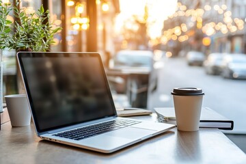 Fototapeta premium laptop on the working table, coffee cup on table. outside window have blurr background of field