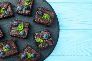 Homemade chocolate brownie photography . Top view