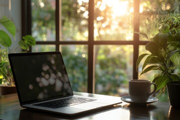 Fototapeta premium laptop on the working table, coffee cup on table. outside window have blurr background of field, lighting window --ar 3:2 --v 6.1 Job ID: a3fd0709-9816-4f1f-afd5-a09ed9d682d6