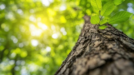 Fototapeta premium Majestic Tree Captured in Close-up with Sunlight Peeking Through Its Vibrant Green Leaves Below