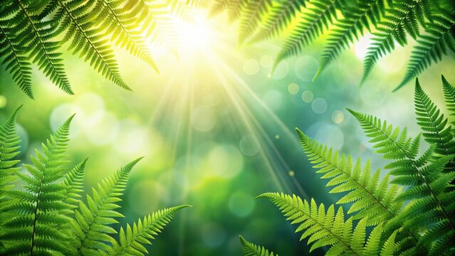 Green nature background with fern and tropical leaves, sunshine and bokeh border, Green, nature, background, fern, tropical leaves