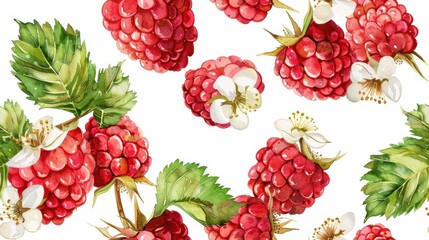 Seamless pattern of realistic raspberries and green leaves isolated on white. Ideal for fresh, vibrant, and summer-themed designs.