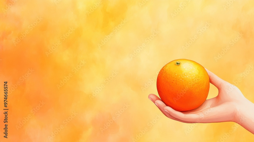 Sticker a hand holding an orange in front of a yellow background, ai