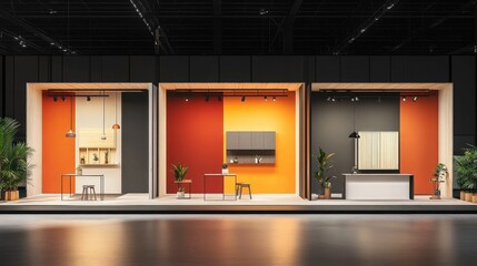 Booths &ndash; Sleek Photo of Minimalistic Trade Show Booths with Different Brand Colors and Simple Decorations
