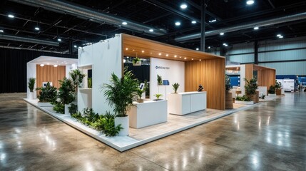 Booths – Sleek Photo of Minimalistic Trade Show Booths with Different Brand Colors and Simple Decorations
