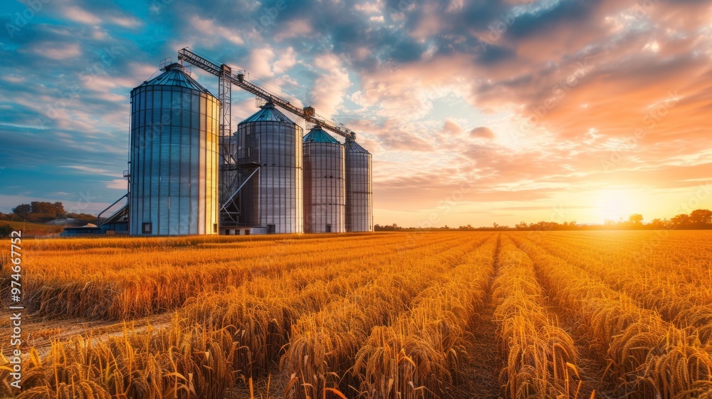 Poster a field of golden wheat with a large grain silo in the background
