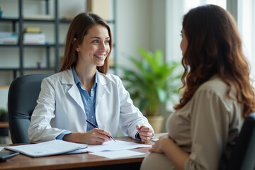Fototapeta premium woman doctor and pregnant woman talking at clinic hospital office, generative AI