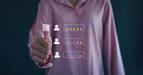 Customer review satisfaction feedback survey concept. User give rating to service excellent...
