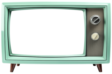 Front View To a Retro Vintage old mint Green TV PNG isolated on white and transparent background - Classic electronics television Antique TV With Transparent Screen For Advertising