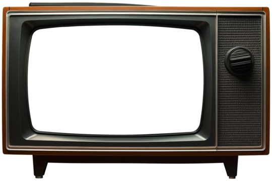 Front View To a Retro Vintage old mint Black TV PNG isolated on white and transparent background - Classic electronics television Antique TV With Transparent Screen For Advertising