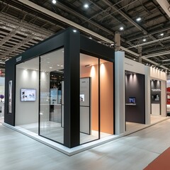 Booths &ndash; Sleek Photo of Minimalistic Trade Show Booths with Different Brand Colors and Simple Decorations