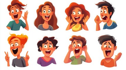 Fototapeta premium Characters showing emotions like joy, surprise, and confusion through expressive facial expressions and hand gestures, white background 