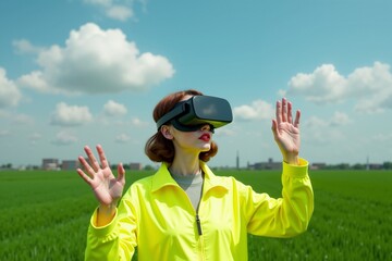 Naklejka premium construction worker with outfit wearing VR headset at rice field in background, generative AI