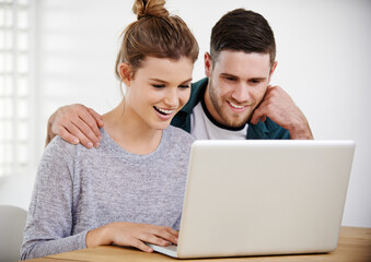 Happy, home or couple on laptop for choice, reading online article or interior design website. Smile, house rental option or people typing on technology for renovation research, mortgage and loan