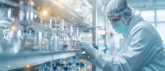 Scientist in protective gear examining glassware in a modern laboratory filled with various flasks and test tubes, focused on research and experimentation.