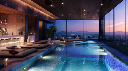 Obraz premium The interior of a luxury villa with an indoor lounge area with a large swimming pool and soft sun loungers against the backdrop of panoramic windows at sunset.
