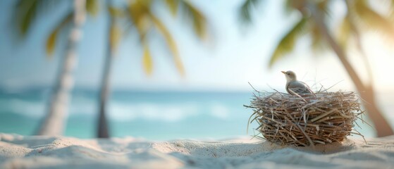 Naklejka premium Beachside nestling, a small bird perched in a woven nest on sandy shores, with palm trees swaying gently in the background, ocean waves softly lapping nearby.