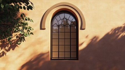 Fototapeta premium Aesthetic arch window shape on brown wall with shadow leaves tree classing building architecture
